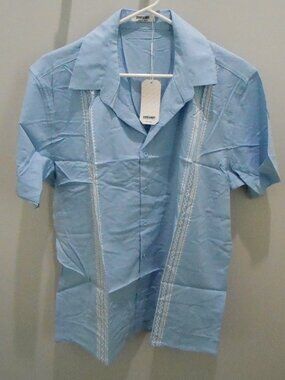 Coofandy Men's Light Blue Cuban Guayabera White Design Short Sleeve Shirt Size-M